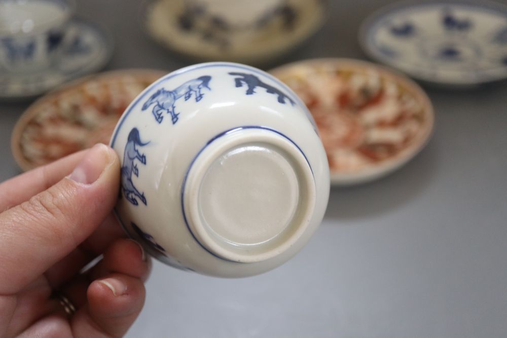 Three Chinese tea bowls and saucers and two other saucers
